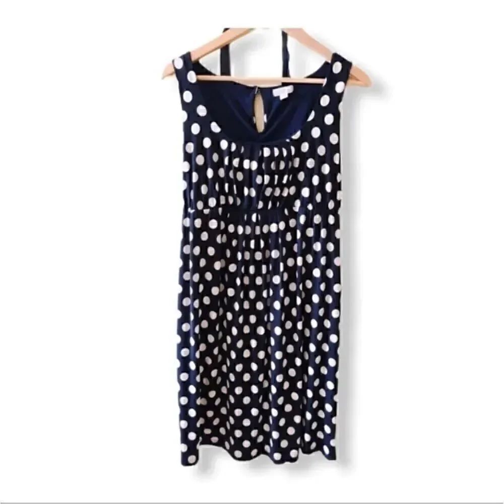 A Pea  In The Pod Maternity Dress with Flower Belt Navy Polka Dot Dress, SZ S